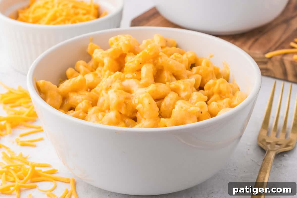 A generous bowl of creamy Velveeta mac and cheese, freshly scooped from a crock pot, garnished slightly and ready to enjoy.