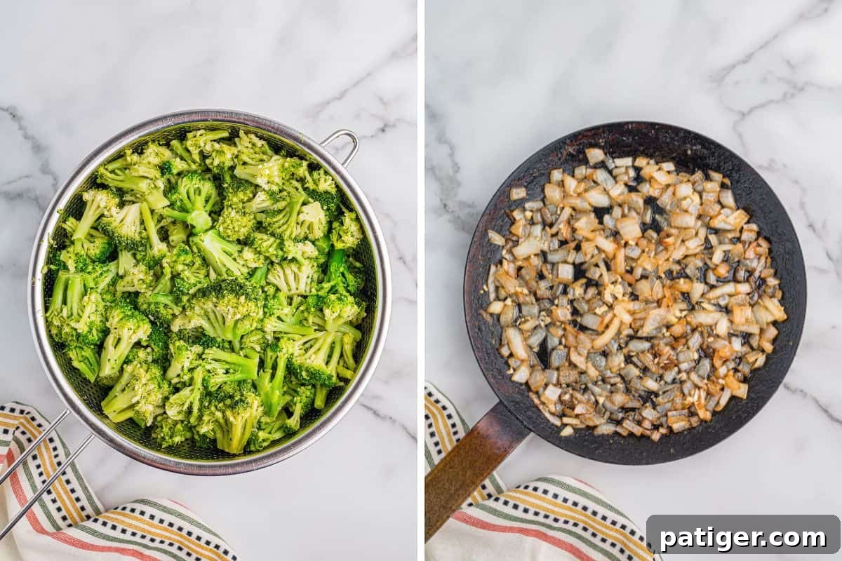 Split image showing a colander filled with steamed broccoli florets on the left, and a skillet with sautéed chopped onions on the right.
