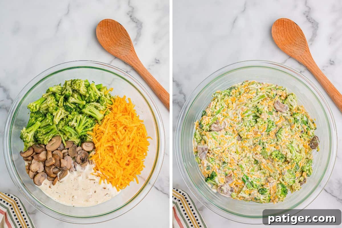 wo side-by-side images of a clear mixing bowl; the left shows separated ingredients including broccoli, shredded cheddar, mushrooms, and creamy sauce, and the right shows them combined into a uniform casserole mixture.