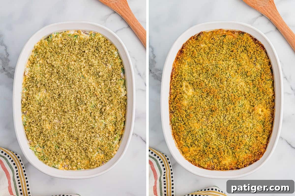 Side-by-side images of a white baking dish with broccoli casserole; the left shows the unbaked casserole topped with green breadcrumbs, and the right shows the same dish fully baked with a golden brown crust.