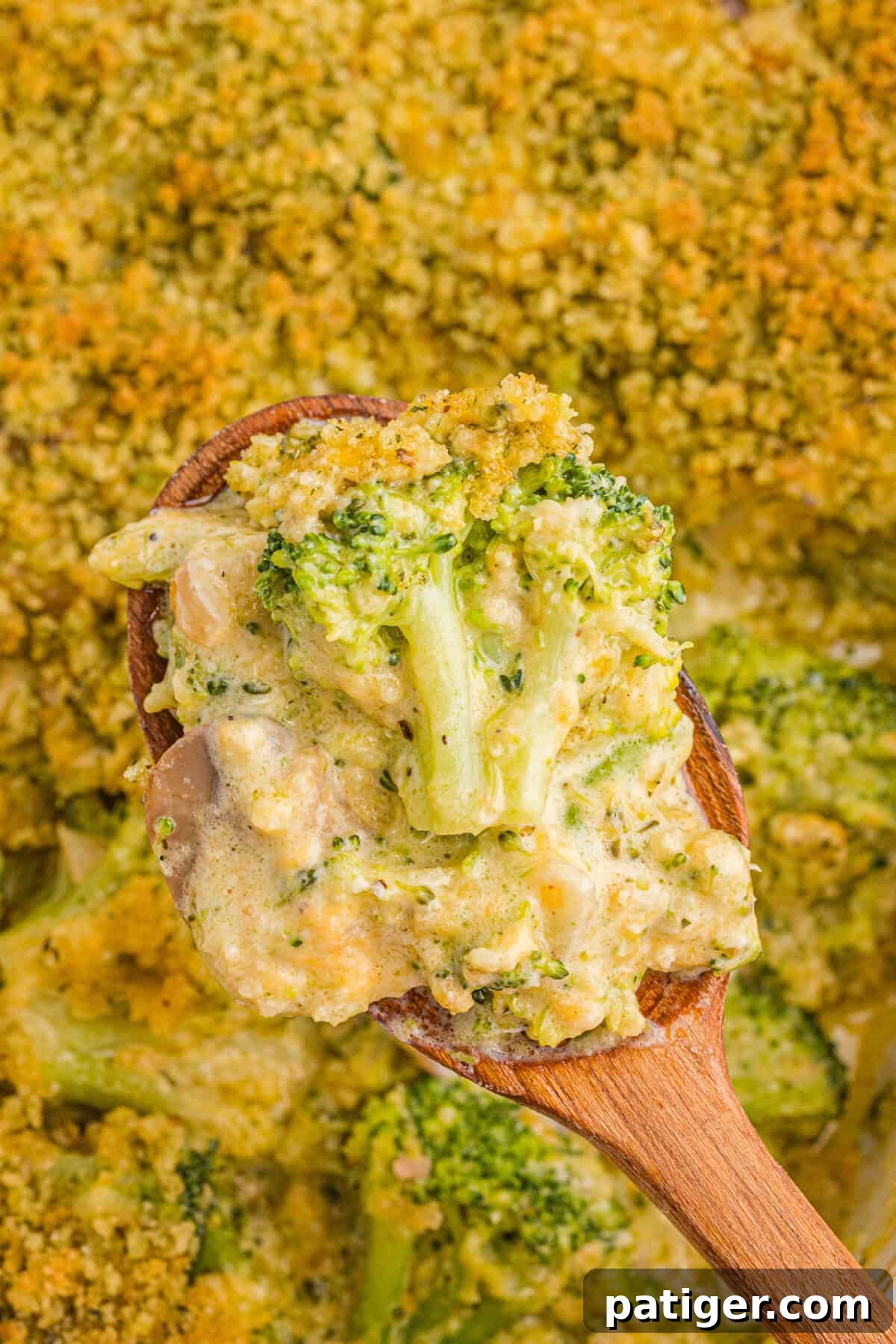 Close-up of a wooden spoon lifting a portion of broccoli casserole, showing creamy broccoli florets with mushrooms and a crispy golden panko breadcrumb topping.