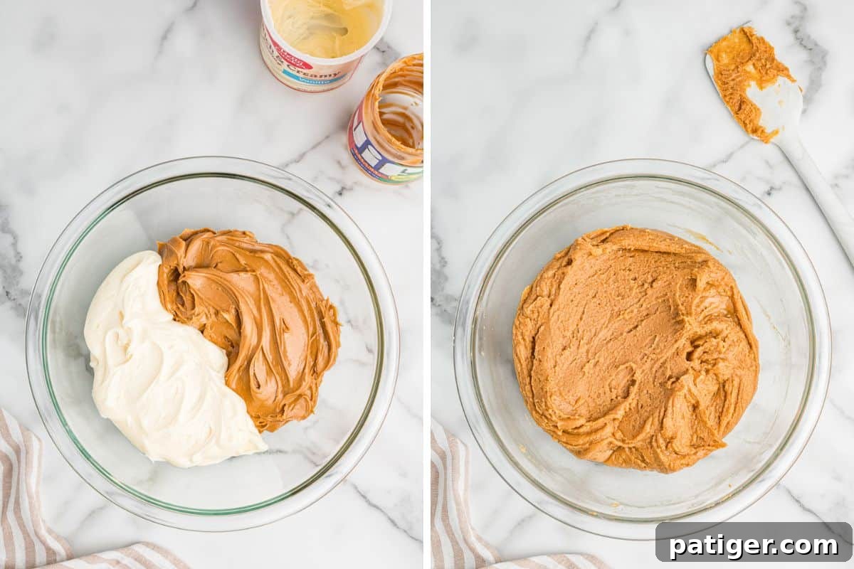 Side-by-side images of frosting and peanut butter being mixed in a bowl.