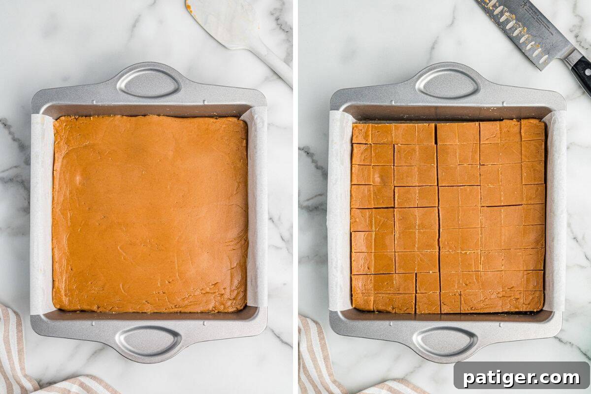 Side-by-side images of uncut and sliced peanut butter fudge in a baking pan.