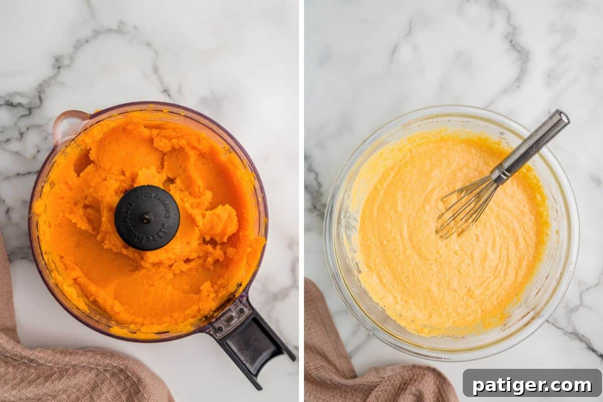 Mashed sweet potato in a food processor and mixed sweet potato cornbread batter in a glass bowl.