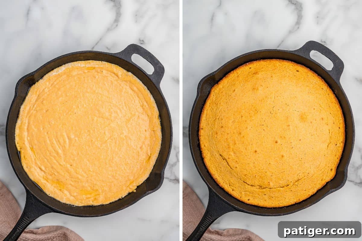 Sweet potato cornbread batter and baked cornbread shown in a skillet.