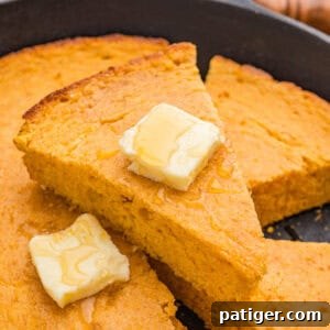 Slice of sweet potato cornbread with honey butter.