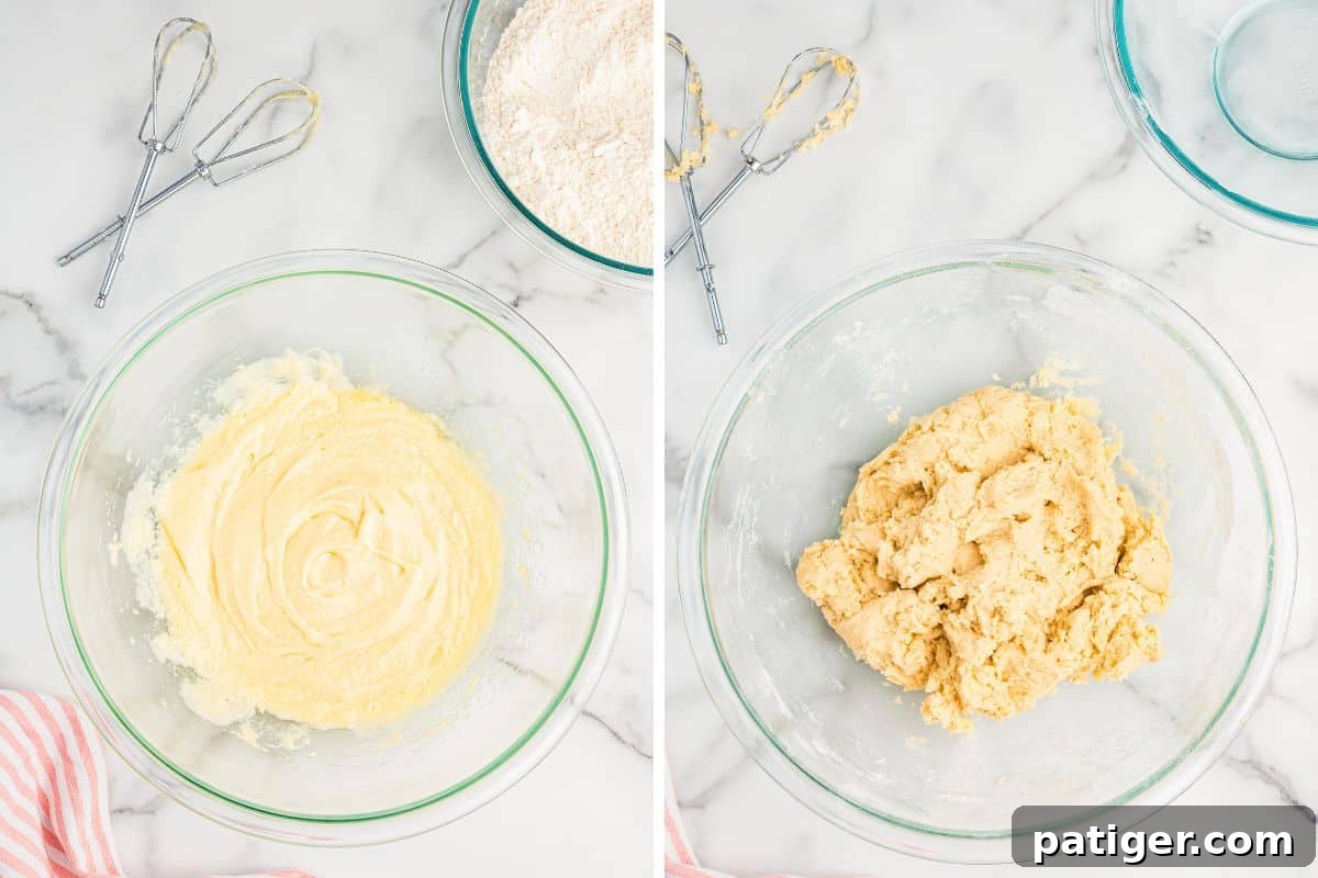 Two side-by-side images showing cookie dough in mixing bowls. The left image shows a bowl of creamy, beaten batter with beaters beside it. The right image shows a bowl with finished, thick dough.
