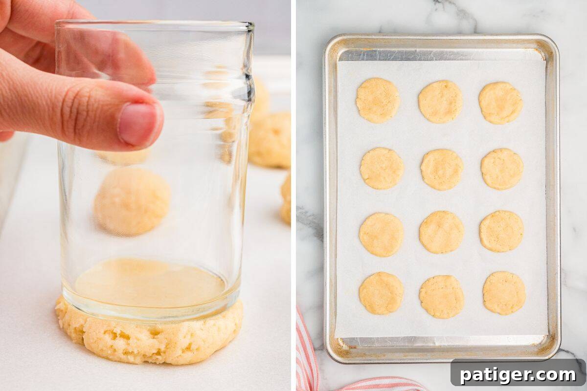 Side-by-side images showing cookie prep. The left image shows a hand using a glass to flatten a dough ball on parchment paper. The right image displays 15 flattened cookie dough rounds spaced on a baking sheet.