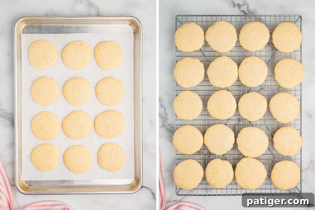 Side-by-side images of round, golden-brown cookies. The left image shows 15 cookies on a parchment-lined baking sheet. The right image shows 24 cookies arranged on a wire cooling rack.