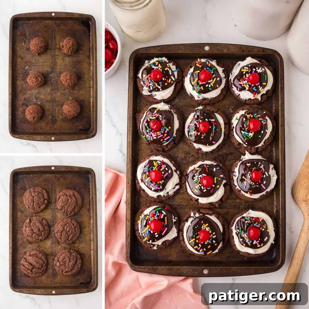 A visual collage illustrating the process of making Hot Fudge Sundae Cookies, from mixing the dark chocolate cookie dough, to baked cookies cooling on a rack, and finally, beautifully decorated cookies on a baking sheet.