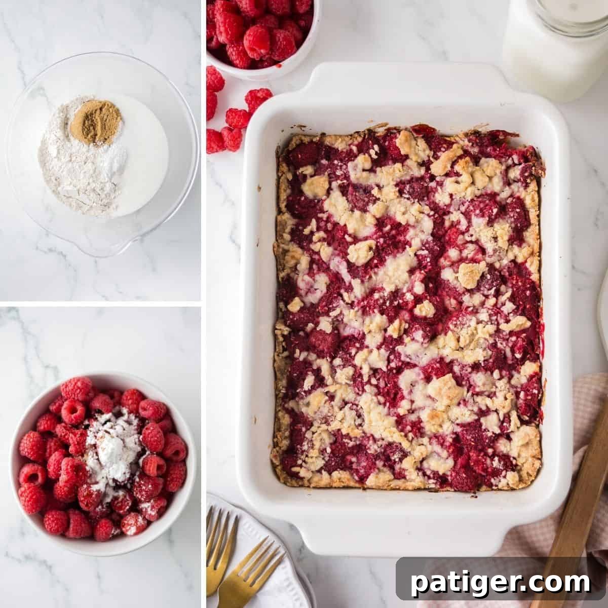 Berry Burst Crumb Bars 5 Collage with three images: a bowl of dry ingredients including flour, sugars, and baking powder; a bowl of raspberries topped with sugar and cornstarch; and a large baking dish filled with freshly baked raspberry crumb bars with a golden crumb topping. Fresh raspberries, a milk bottle, and plates with gold forks are visible around the dish.