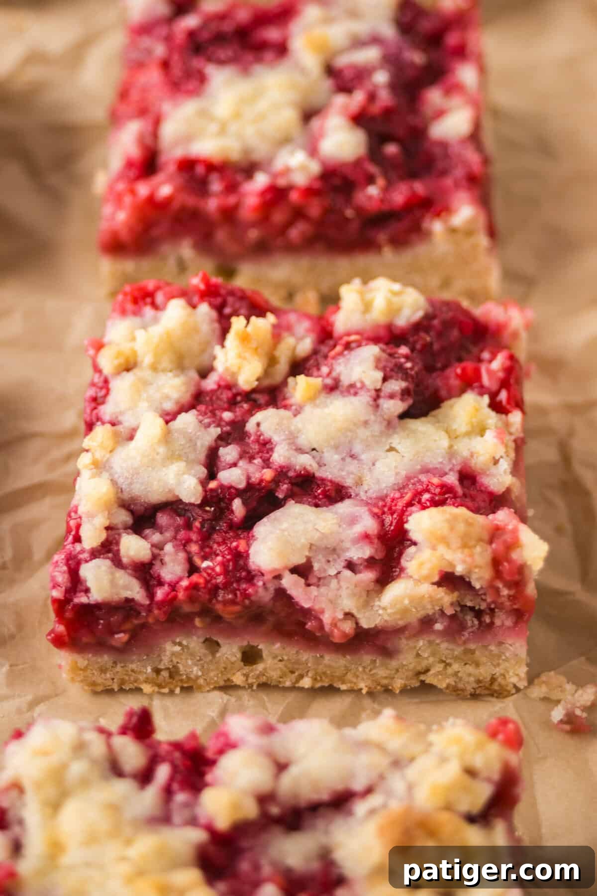 Berry Burst Crumb Bars 6 Close-up of a raspberry bar with a golden crust and crumbly topping.