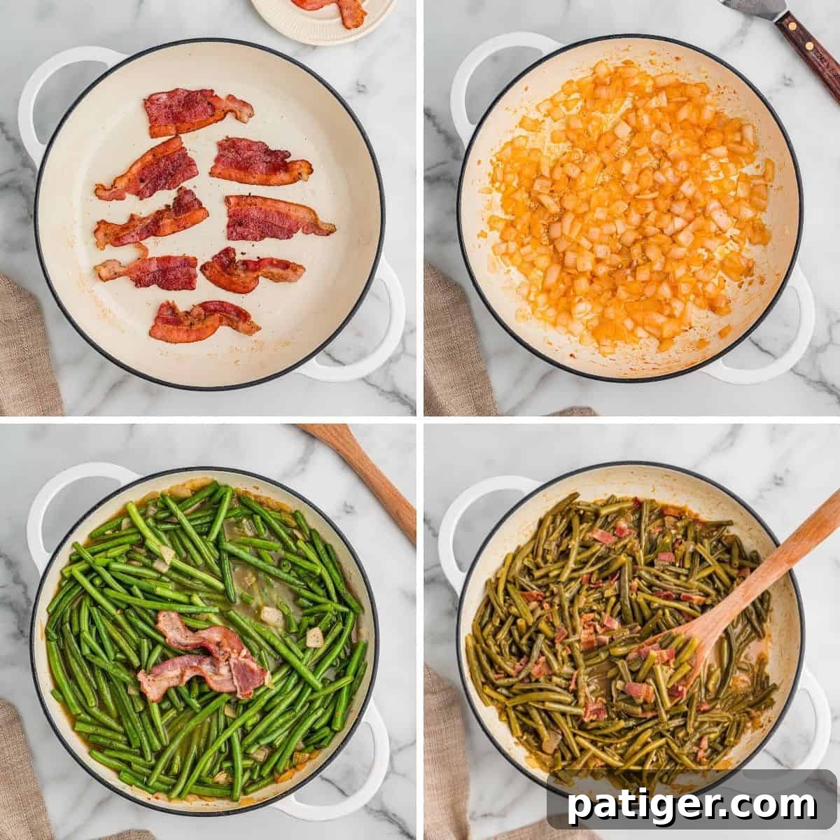 Collage of four cooking steps for Southern green beans: cooking bacon, sautéing onions, green beans in broth, and stirring cooked beans.