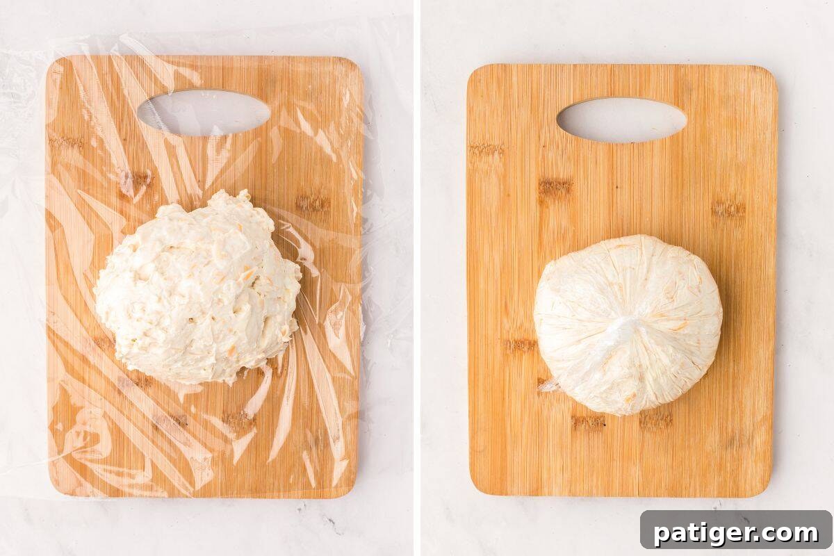 Side-by-side images showing cheese ball mixture on plastic wrap on a wooden board and the same mixture wrapped tightly into a round shape using plastic wrap.