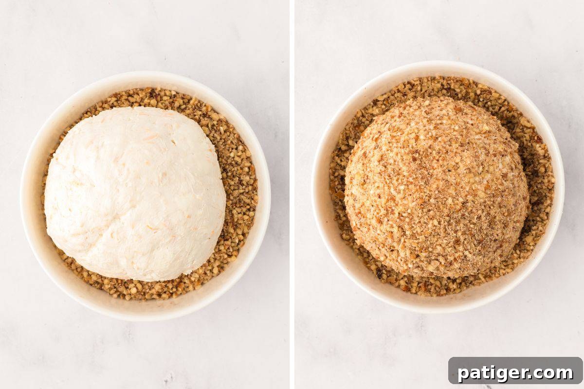 Side-by-side images of a plain cheese ball in a bowl of chopped pecans and the same ball fully coated in the nuts.