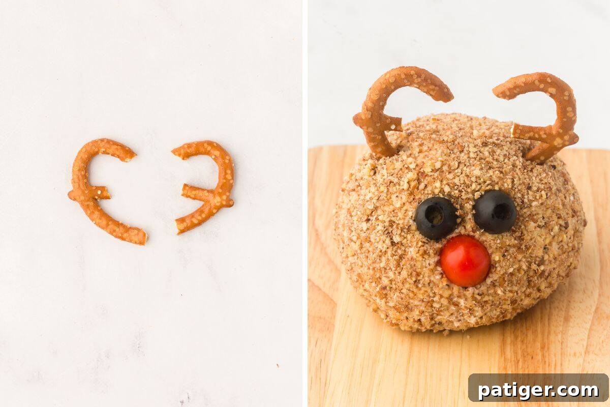 Side-by-side images showing two pretzel twists cut into antler shapes and the completed reindeer cheese ball with pretzel antlers, black olive eyes, and a cherry tomato nose.