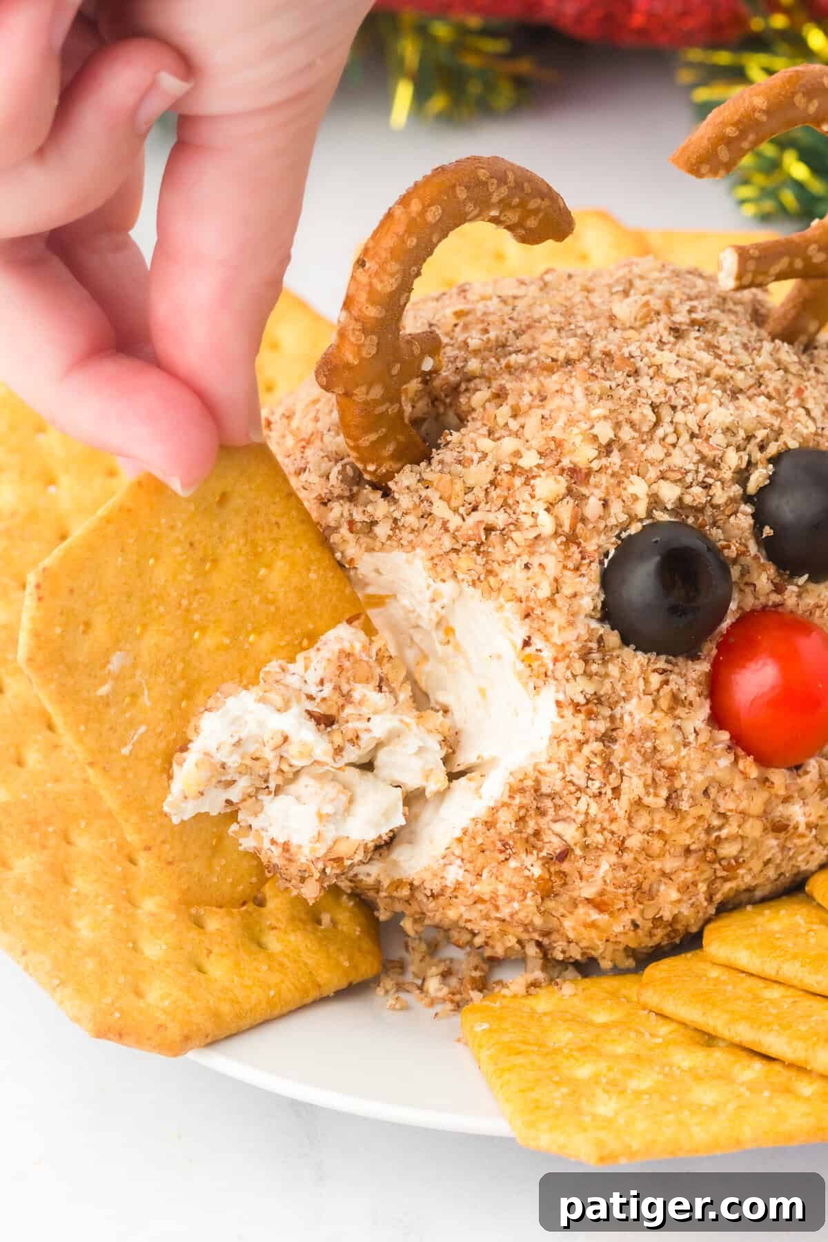 and dipping a cracker into a reindeer cheese ball, which is covered in crushed nuts. The cheese ball has pretzel antlers, black olive eyes, and a red cherry tomato nose, arranged on a plate surrounded by crackers.
