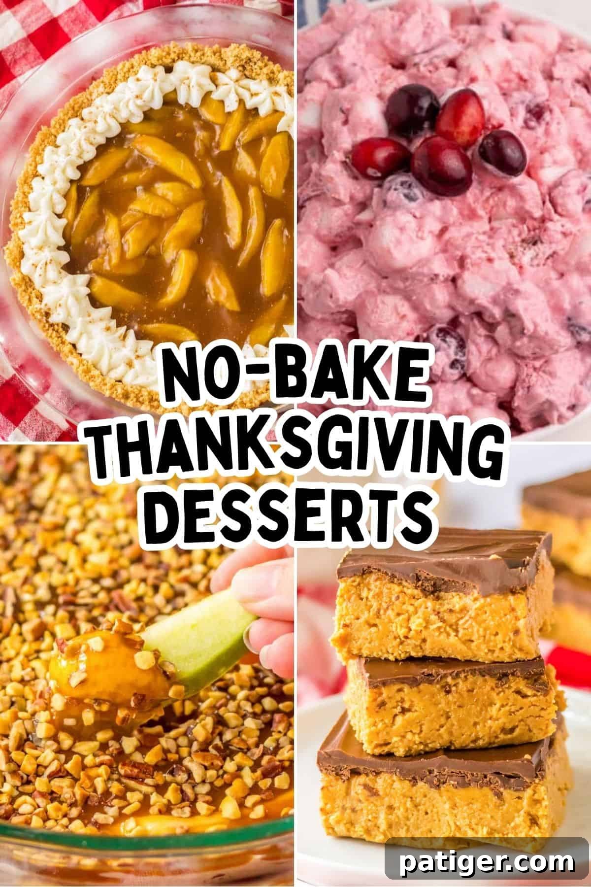 Oven-Free Thanksgiving Sweets 2 Four no bake Thanksgiving dessert photos: apple pie with whipped cream, pink cranberry fluff salad with whole cranberries, caramel apple dip with chopped nuts, and a stack of chocolate-topped peanut butter bars.