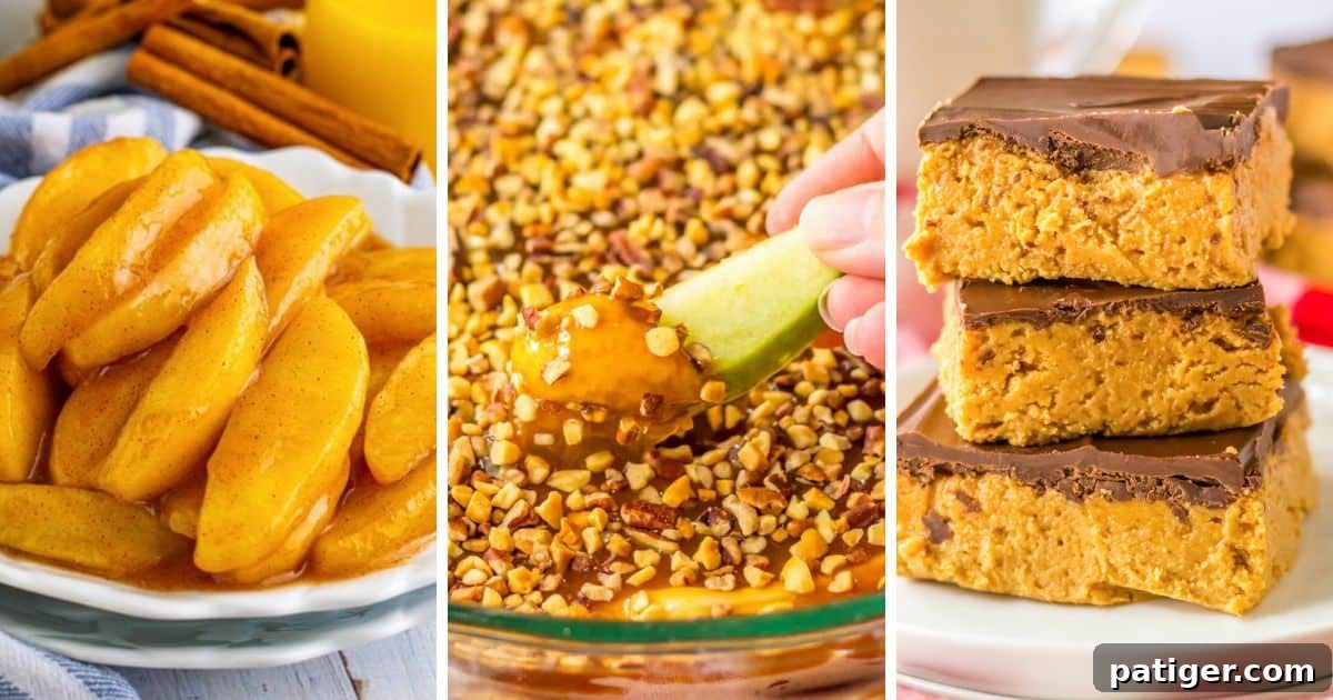 Oven-Free Thanksgiving Sweets 3 Three enticing no-bake Thanksgiving dessert images: cinnamon fried apples, a creamy caramel apple dip, and a stack of rich no-bake peanut butter bars, all perfect for holiday feasting.