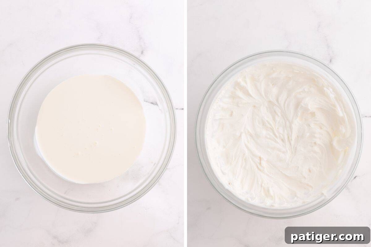 Velvety No-Bake Pumpkin Pie Bliss 5 Two images side-by-side illustrating the transformation of heavy cream. The first image shows liquid heavy cream in a bowl, while the second shows the same cream after being whipped into soft, fluffy peaks.