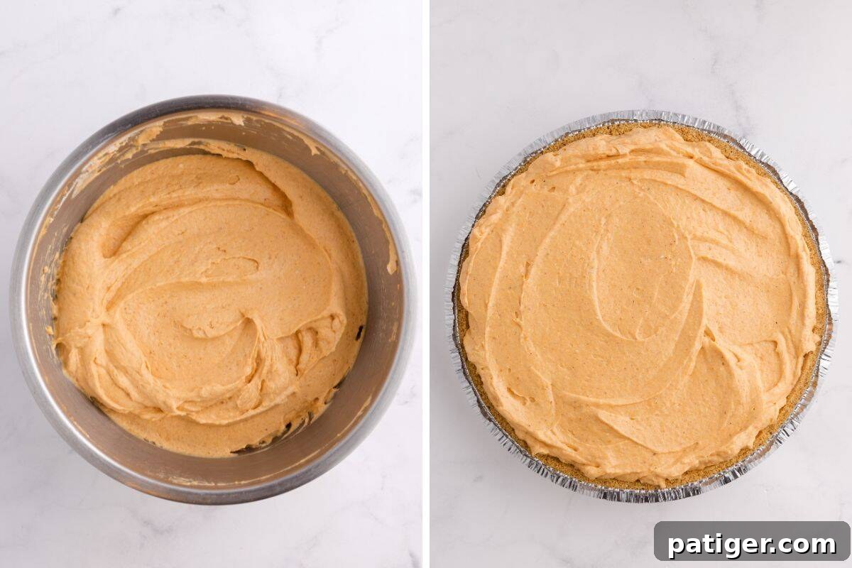 Velvety No-Bake Pumpkin Pie Bliss 6 A two-part image showing the pumpkin filling process: on the left, the creamy pumpkin mixture in a mixing bowl; on the right, the prepared filling neatly spread into a graham cracker crust, ready for chilling.