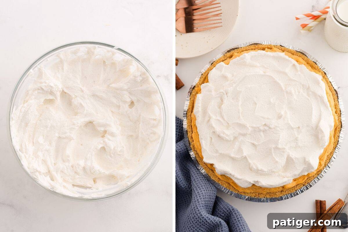 Velvety No-Bake Pumpkin Pie Bliss 7 A two-panel image displaying the whipped topping process: on the left, a bowl filled with freshly made whipped cream; on the right, the completed pumpkin pie beautifully adorned with a thick layer of whipped topping, ready to be served.