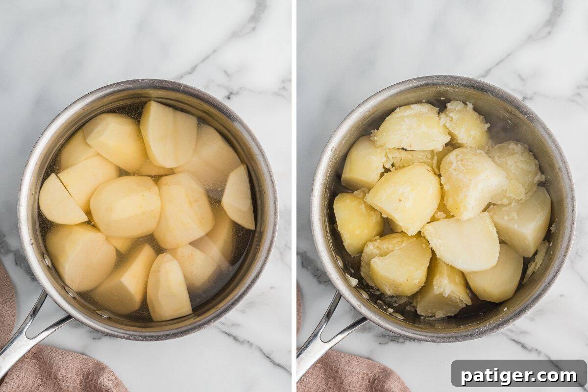 Peeled quartered russet potatoes in a pot before and after boiling.