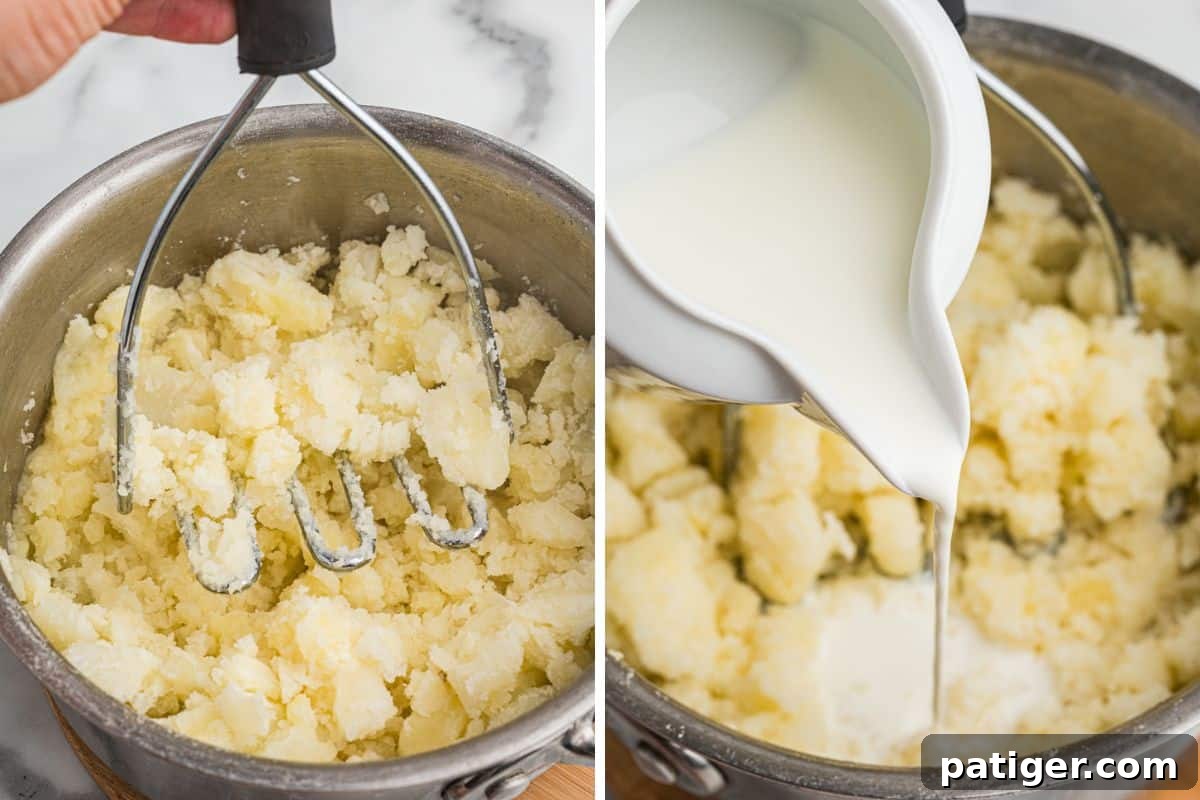 Split image showing mashed potatoes in a pot; on the left, a hand mashes cooked potatoes with a metal masher, and on the right, milk is being poured from a white pitcher into the mashed potatoes.