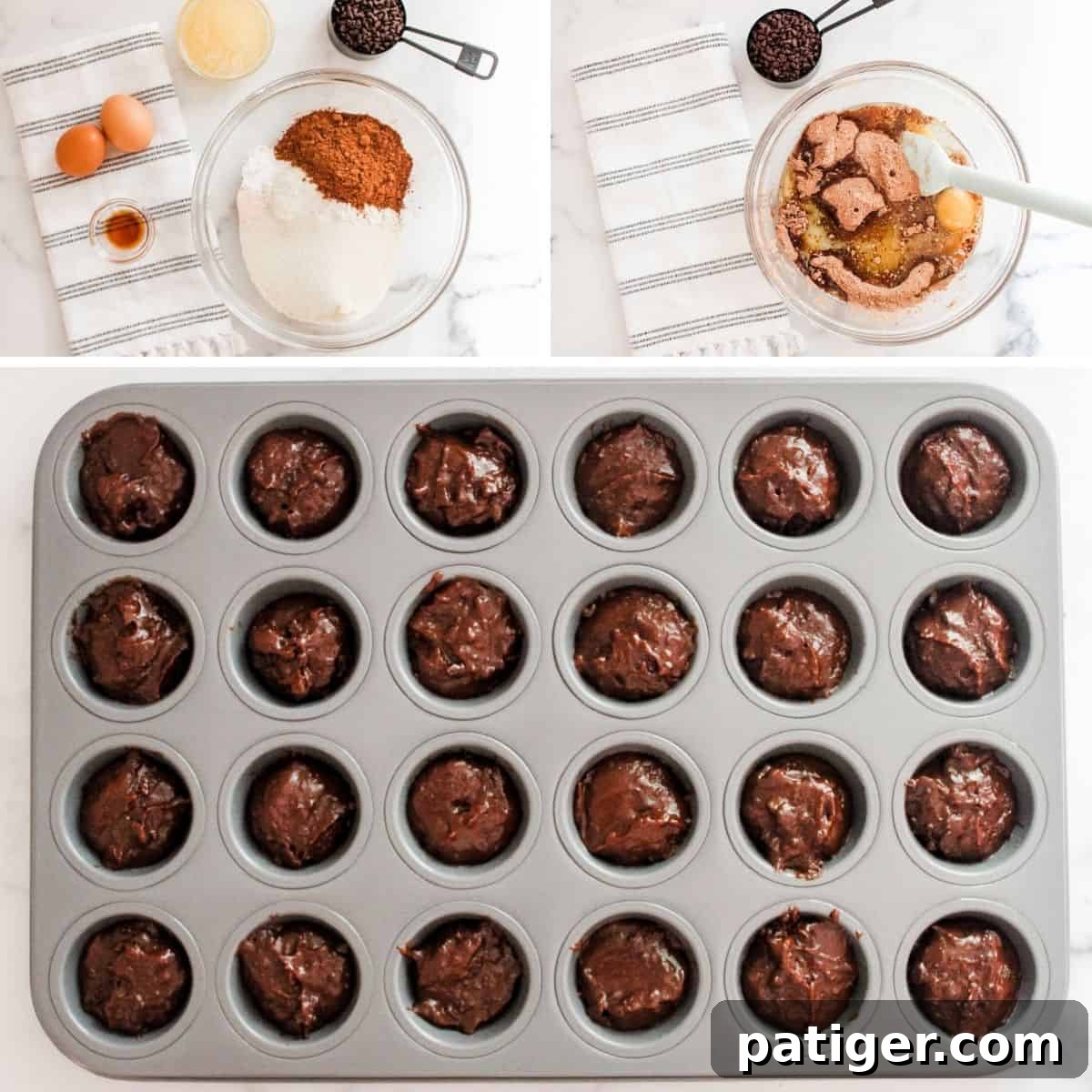 Bite-Sized Brownie Bliss 5 Collage pin showing how to make brownies in muffin pan, from mixing ingredients to filling a mini muffin pan.