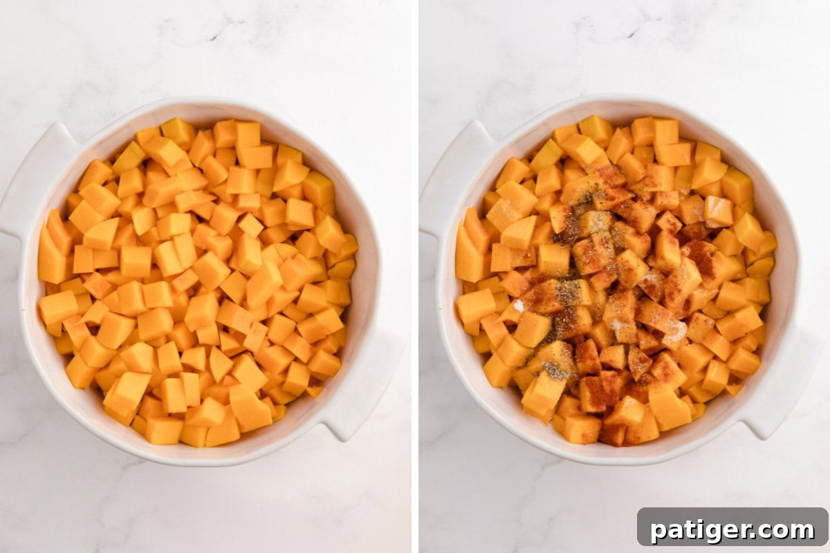Butternut squash cubes before and after seasoning in a white bowl, showing the transition from raw to perfectly coated.
