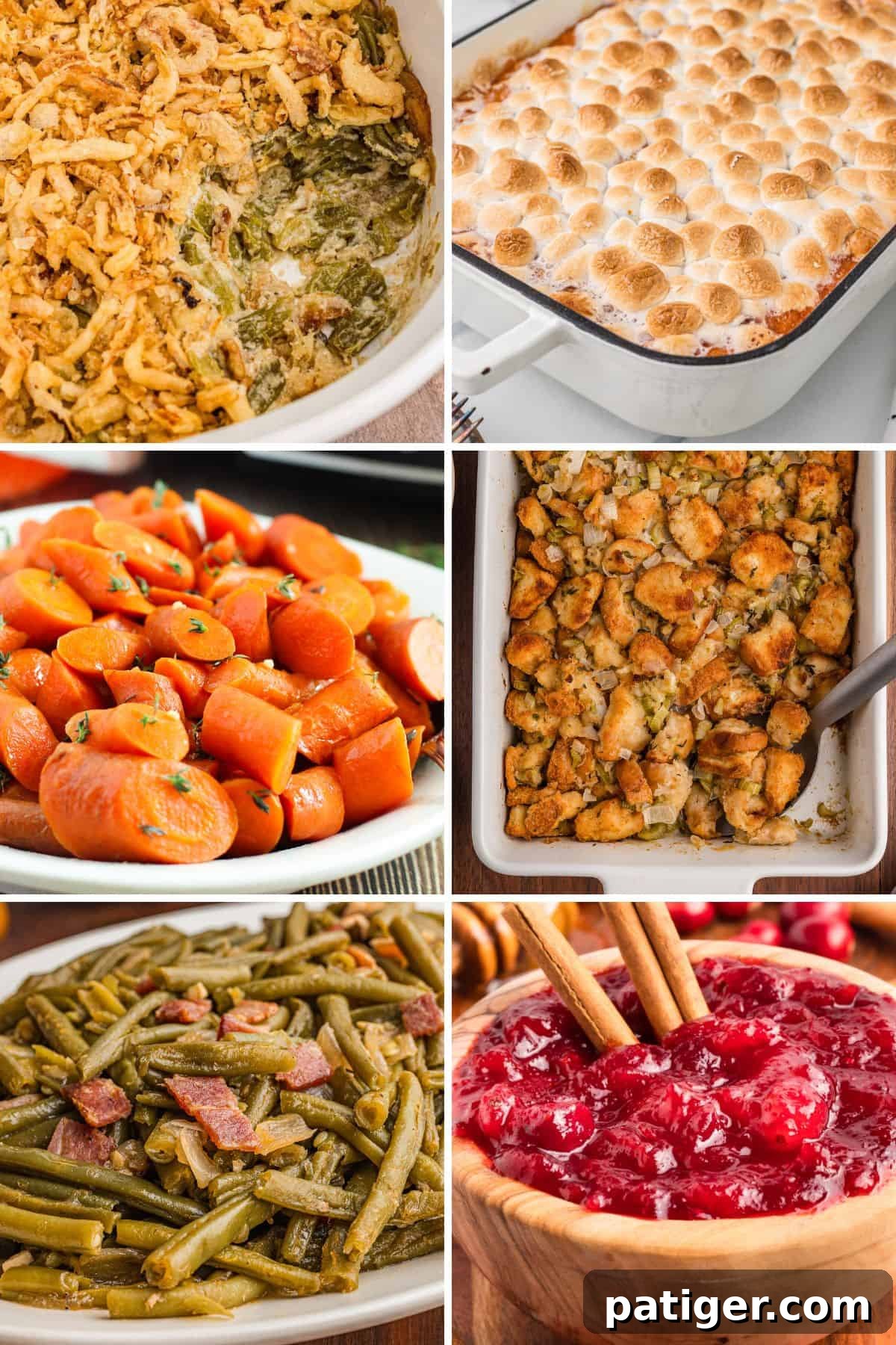 Collage of side dishes for Thanksgiving, including: green bean casserole, sweet potato casserole, glazed carrots, stuffing, green beans, and cranberry sauce.