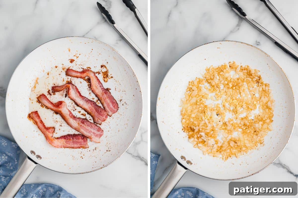 Side-by-side images of bacon frying and onions sautéing.
