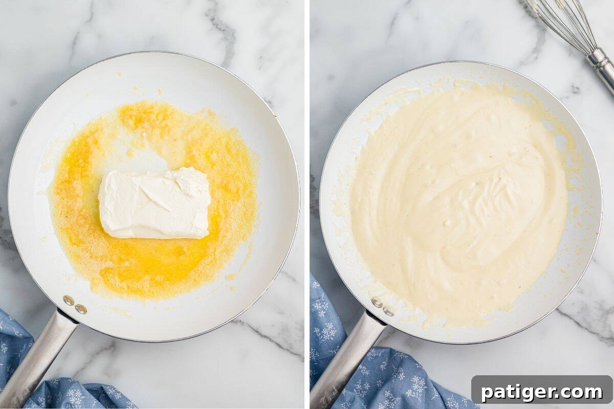 Left: cream cheese melting in a skillet with butter. Right: the mixture has been whisked into a smooth, creamy sauce.