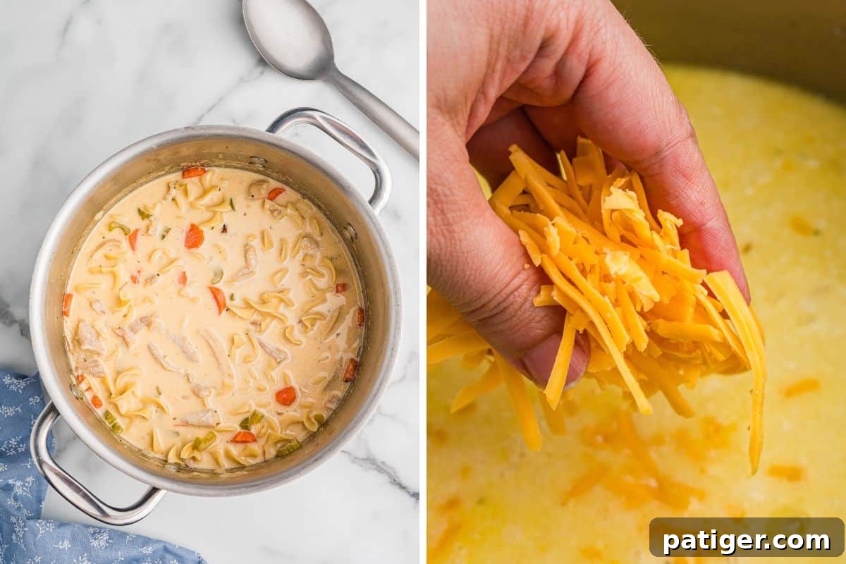 Side-by-side images of soup in a pot and shredded cheese being added.