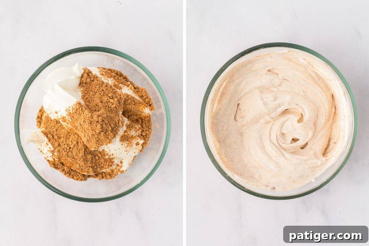Bowl of sour cream and taco seasoning before and after mixing.