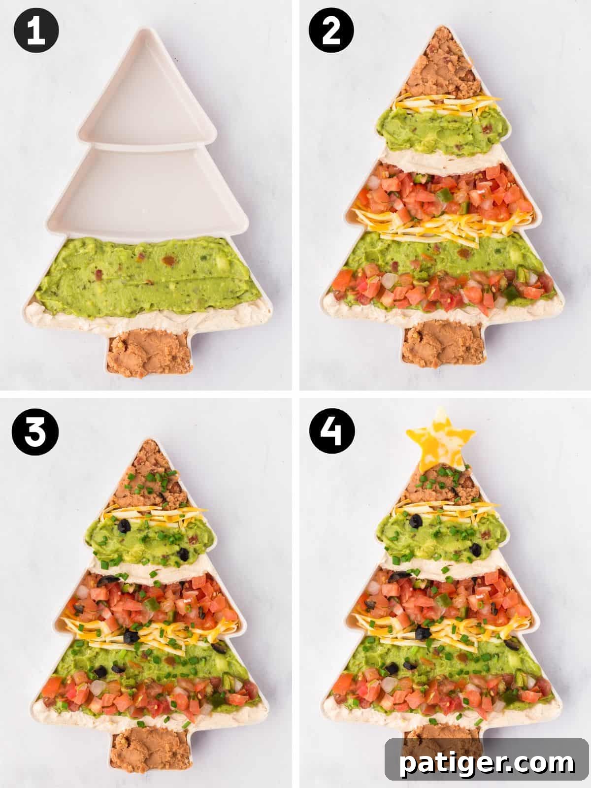 A four-step collage shows the assembly of a Christmas tree-shaped taco dip with layers of beans, sour cream, guacamole, cheese, pico de gallo, olives, chives, and a cheese star on top.