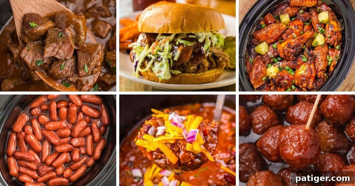 Crock Pot Crowd-Pleasers for Game Day 3 Collage pin with various crockpot recipes for game day including meatballs, chili, beans, wings, beef stew, and a pulled pork sandwich.
