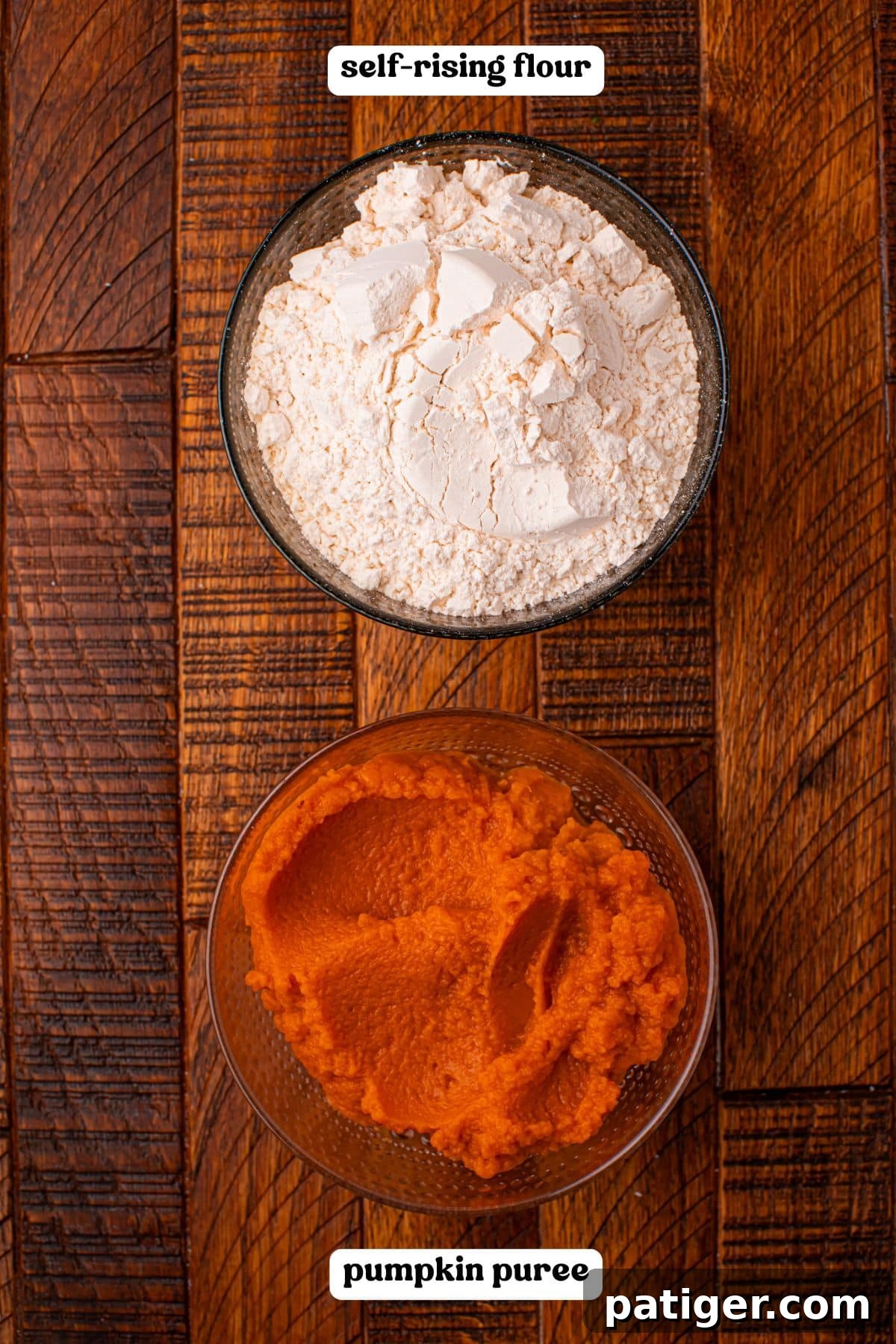 Clearly labeled bowls showcase the two key ingredients for these effortless pumpkin rolls: "self-rising flour" and "pumpkin puree," ready to be combined.