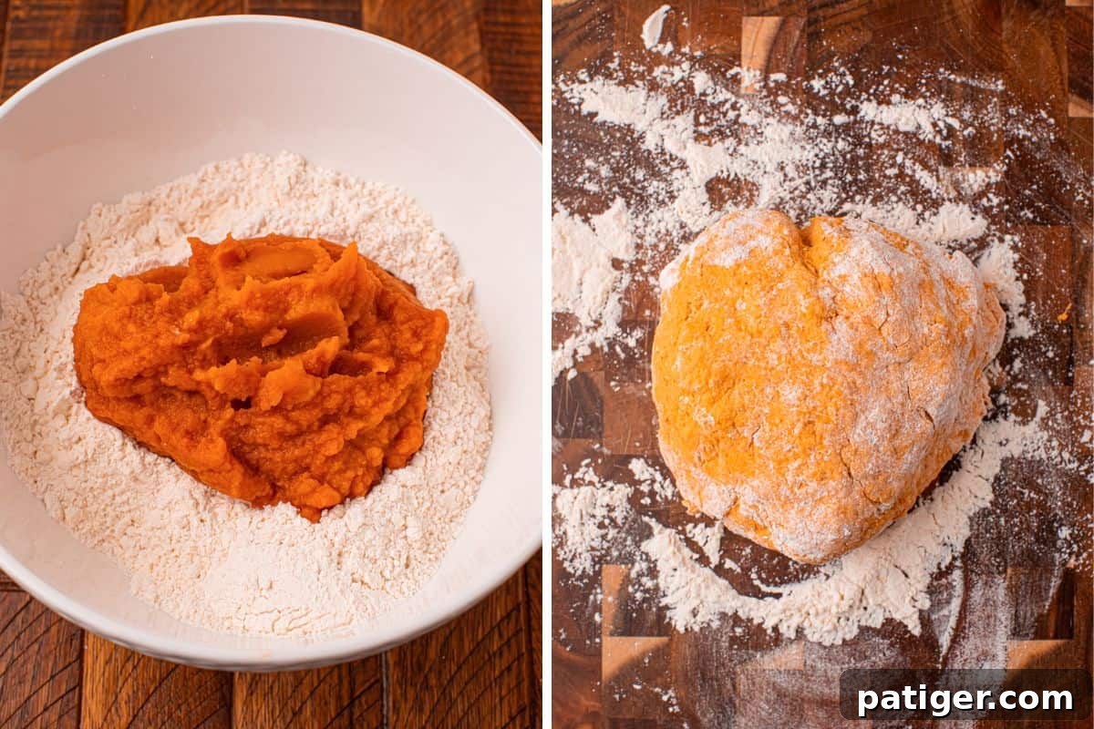The left image shows pumpkin puree resting atop self-rising flour in a mixing bowl, illustrating the initial two-ingredient combination. The right image displays a smooth, cohesive ball of pumpkin bread dough on a lightly floured wooden surface, ready for shaping.