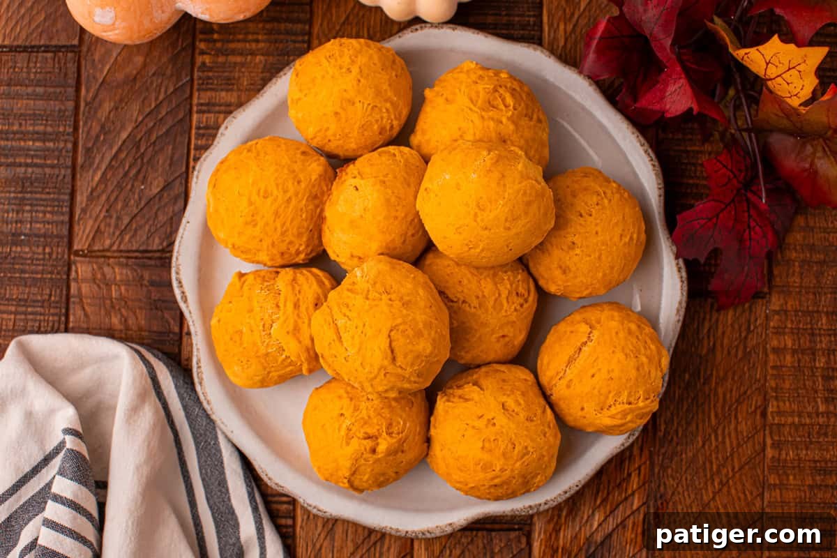 A top-down view of a rustic plate filled with freshly baked, golden-brown 2-ingredient pumpkin bread rolls, highlighting their inviting texture and shape.