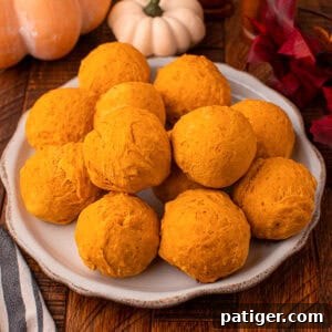 A rustic shot of two soft, golden 2-ingredient pumpkin bread rolls nestled in a bowl, with a scattering of autumn leaves and gourds in the background, evoking a warm fall ambiance.
