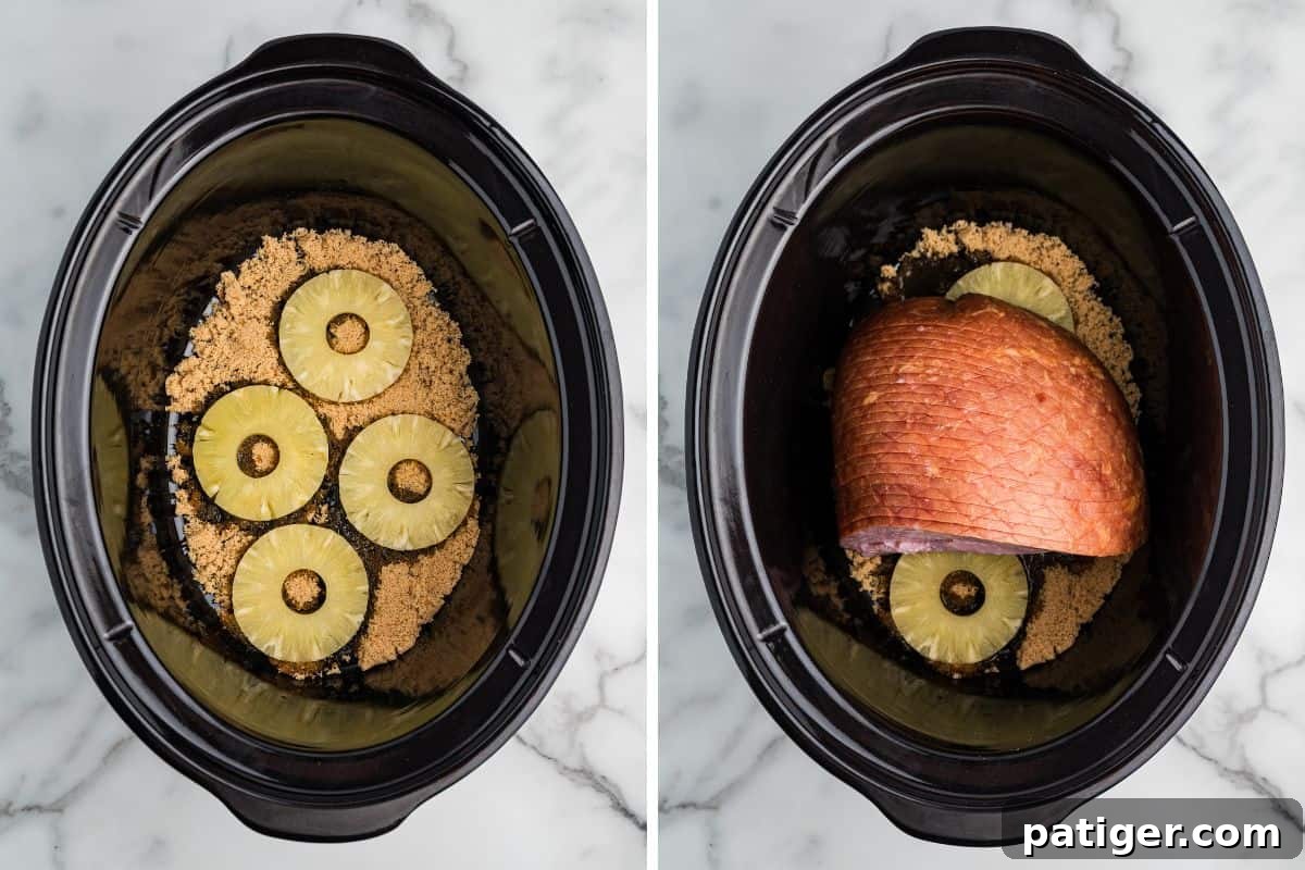 Irresistible Slow Cooker Ham with Pineapple Brown Sugar Glaze 5 A two-image collage illustrating the initial setup for slow cooker ham. The left image displays the bottom of a slow cooker generously filled with brown sugar, topped with four neatly arranged pineapple rings. The right image shows a partially placed spiral ham resting on the pineapple and brown sugar base within the slow cooker.