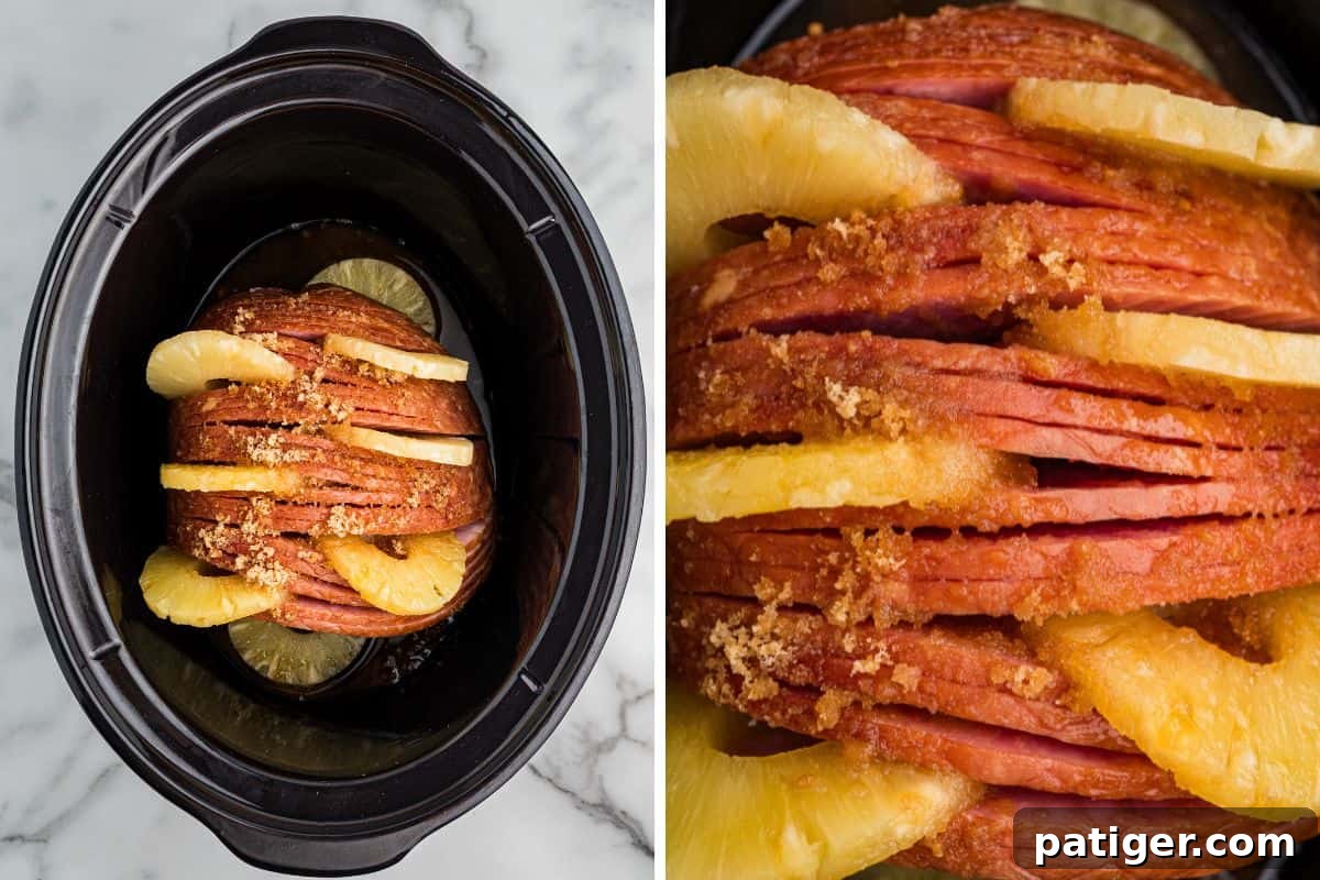 Irresistible Slow Cooker Ham with Pineapple Brown Sugar Glaze 6 A two-image collage showcasing a spiral sliced ham during its slow cooking process. The left image presents a full view of the ham layered with bright pineapple rings and dusted with brown sugar inside a slow cooker. The right image offers a close-up, highlighting the detailed arrangement of sugar and pineapple slices nestled between the layers of the meat.