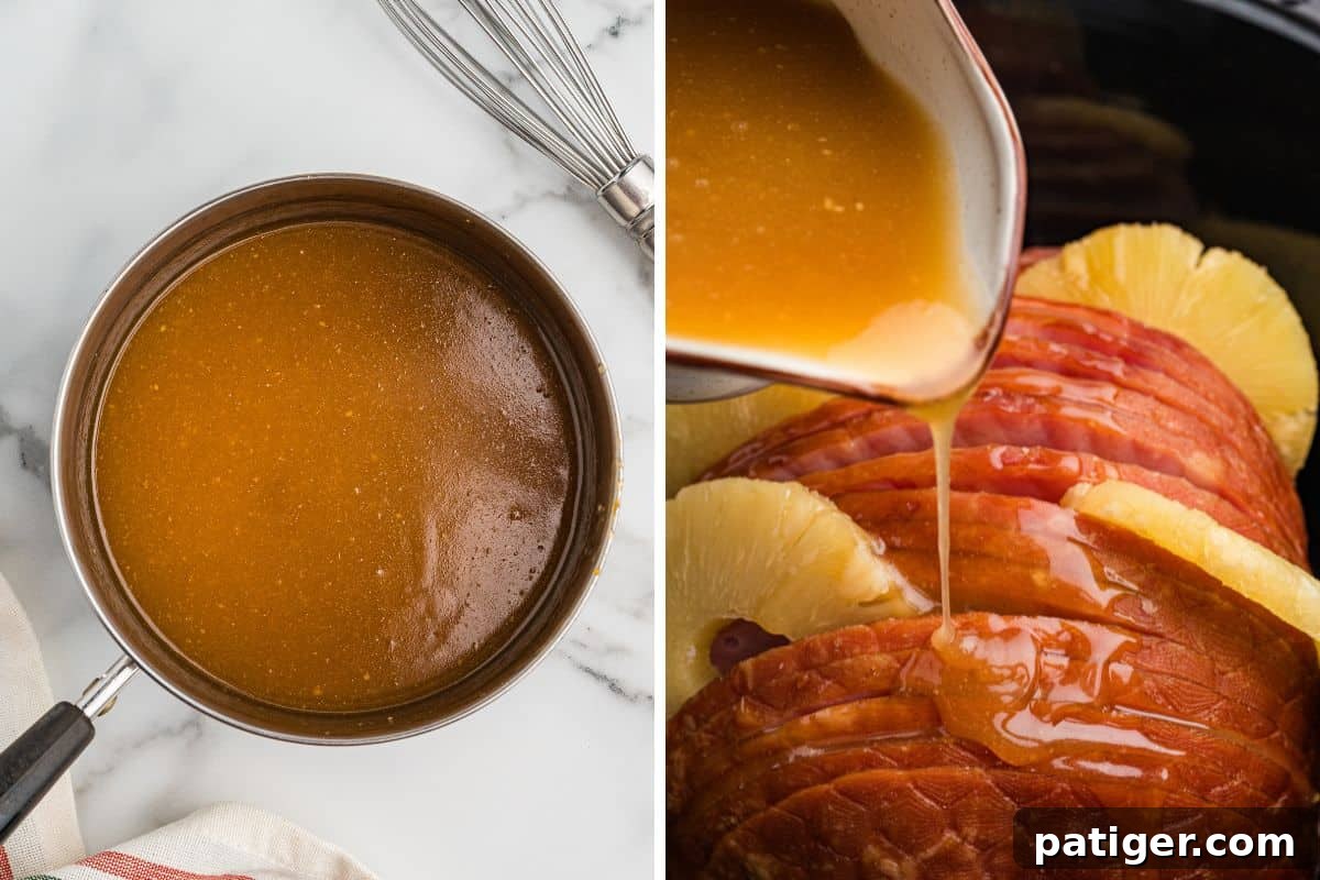 Irresistible Slow Cooker Ham with Pineapple Brown Sugar Glaze 7 A two-image collage illustrating the glaze preparation and application. The left image shows a saucepan filled with a rich, golden brown glaze, with a metal whisk resting beside it. The right image captures the moment the luscious glaze is poured generously over a spiral sliced ham adorned with pineapple slices, enhancing its appearance and flavor.