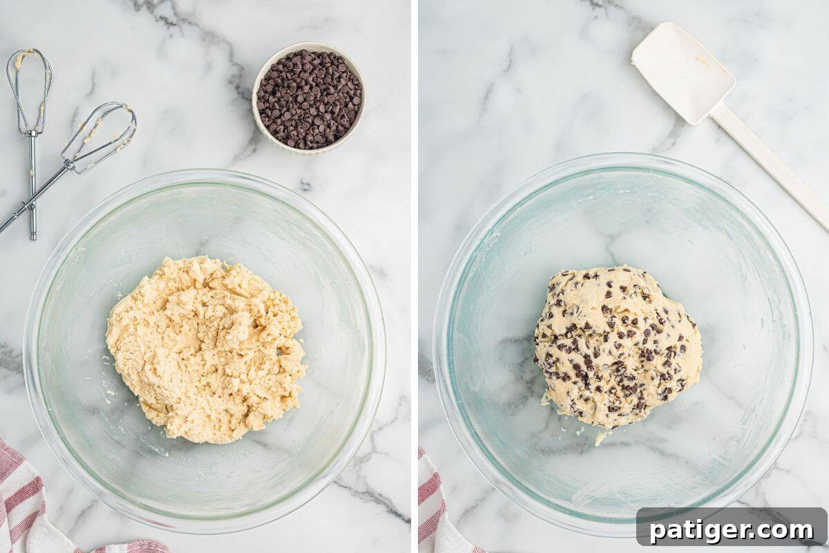 Decadent Chocolate Chip Snowball Bites 5 Side-by-side images showing the progression of making chocolate chip snowball dough. Left image: pale dough in a mixing bowl, chocolate chips in a separate bowl, and beaters beside it. Right image: the same dough with mini chocolate chips fully mixed in, next to a white spatula.