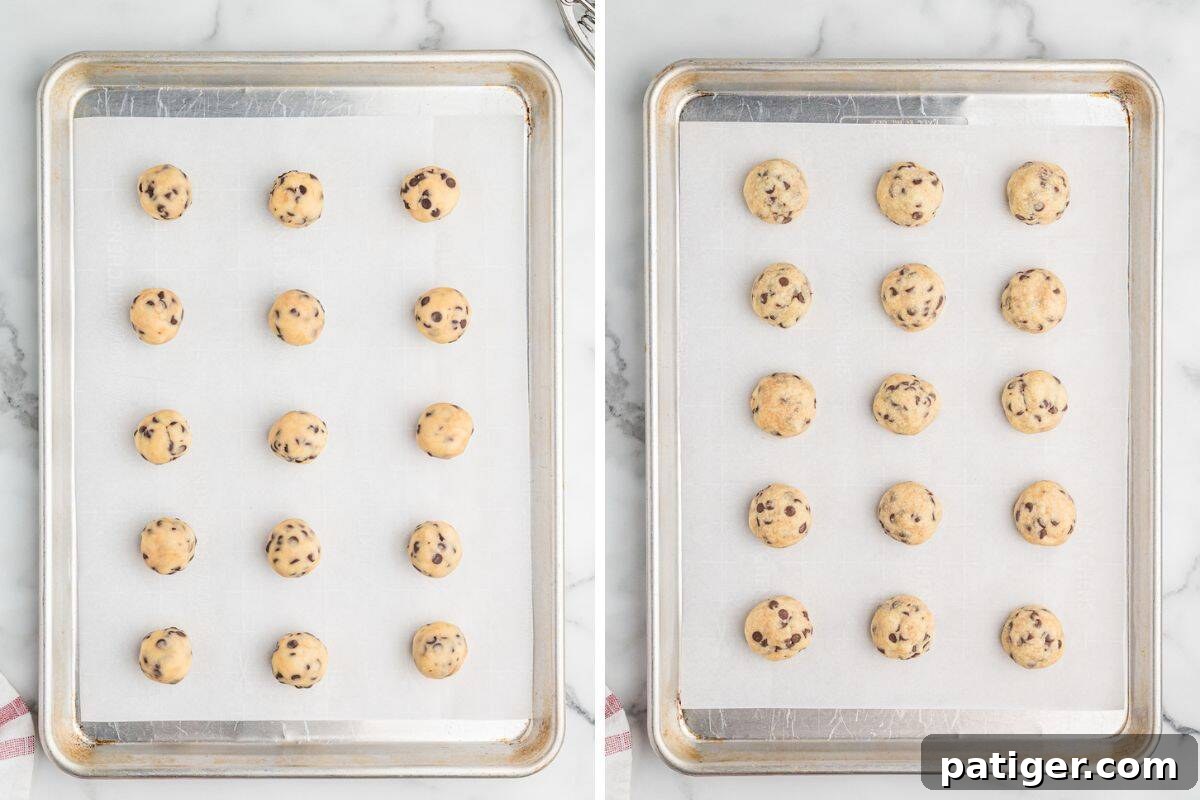Decadent Chocolate Chip Snowball Bites 6 Two metal baking sheets lined with parchment paper. Left image: raw chocolate chip cookie dough balls evenly spaced before baking. Right image: the same cookies after baking, slightly golden and puffed.