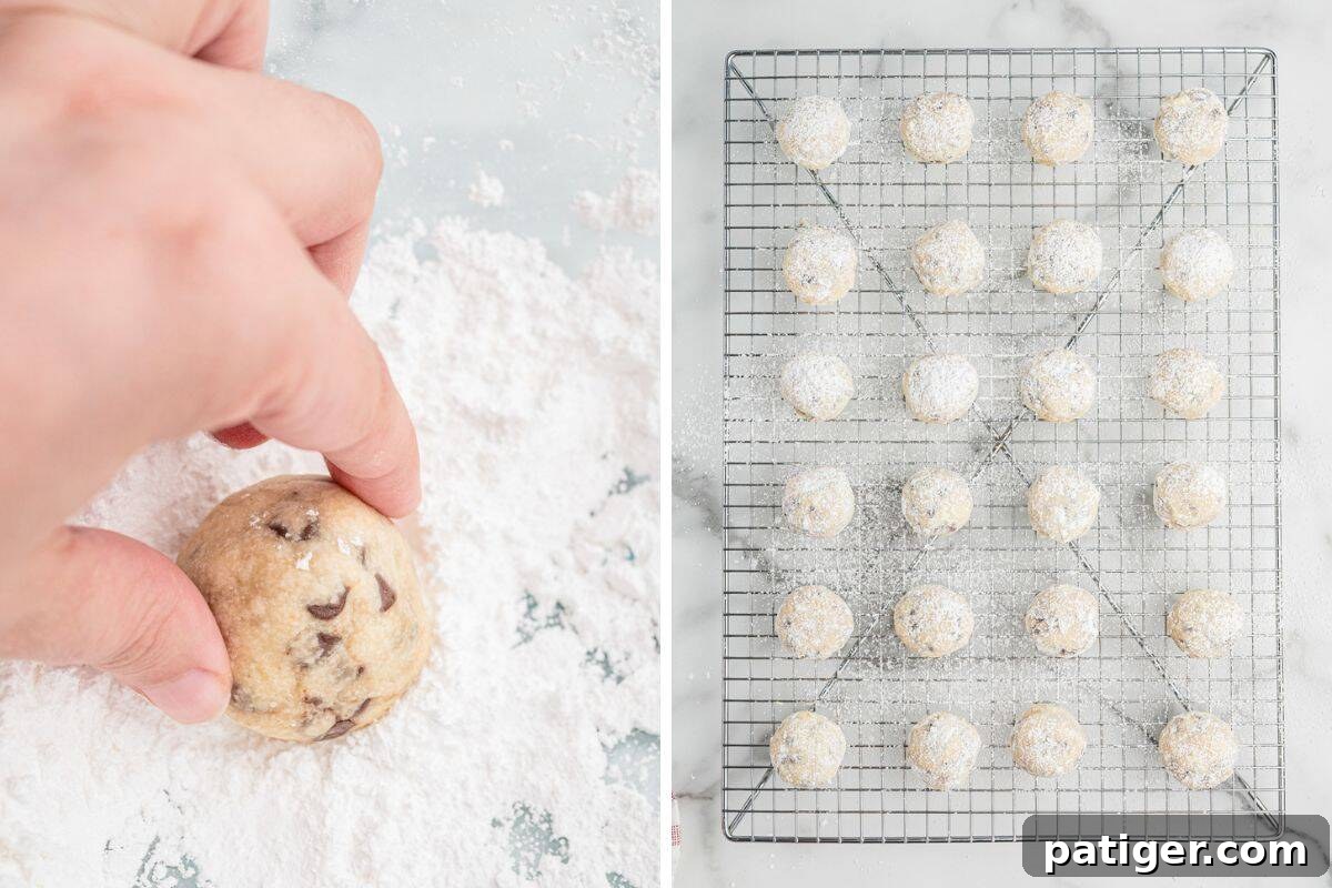 Decadent Chocolate Chip Snowball Bites 7 Left image: a hand rolling a baked chocolate chip cookie ball in powdered sugar. Right image: sugar-coated cookies arranged on a wire cooling rack, dusted with additional powdered sugar.
