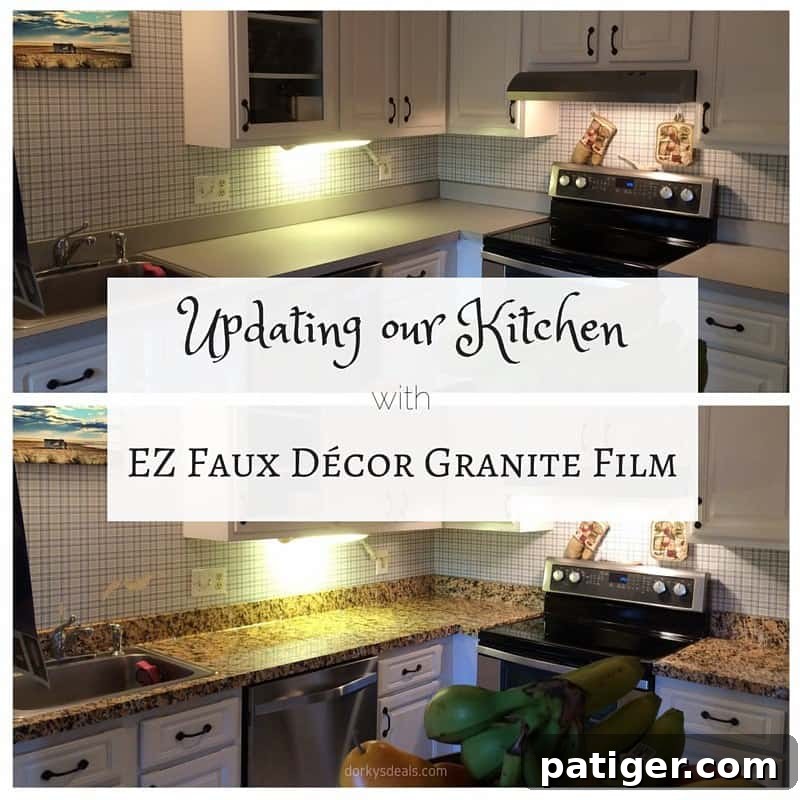A striking before-and-after comparison showcasing kitchen countertops transformed with EZ Faux Décor Granite Film, highlighting a modern and budget-friendly upgrade.