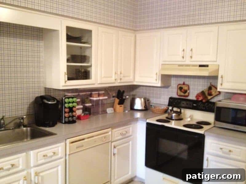 Close-up of a kitchen featuring old, speckled blue laminate countertops, clearly showing the dated aesthetic before renovation.