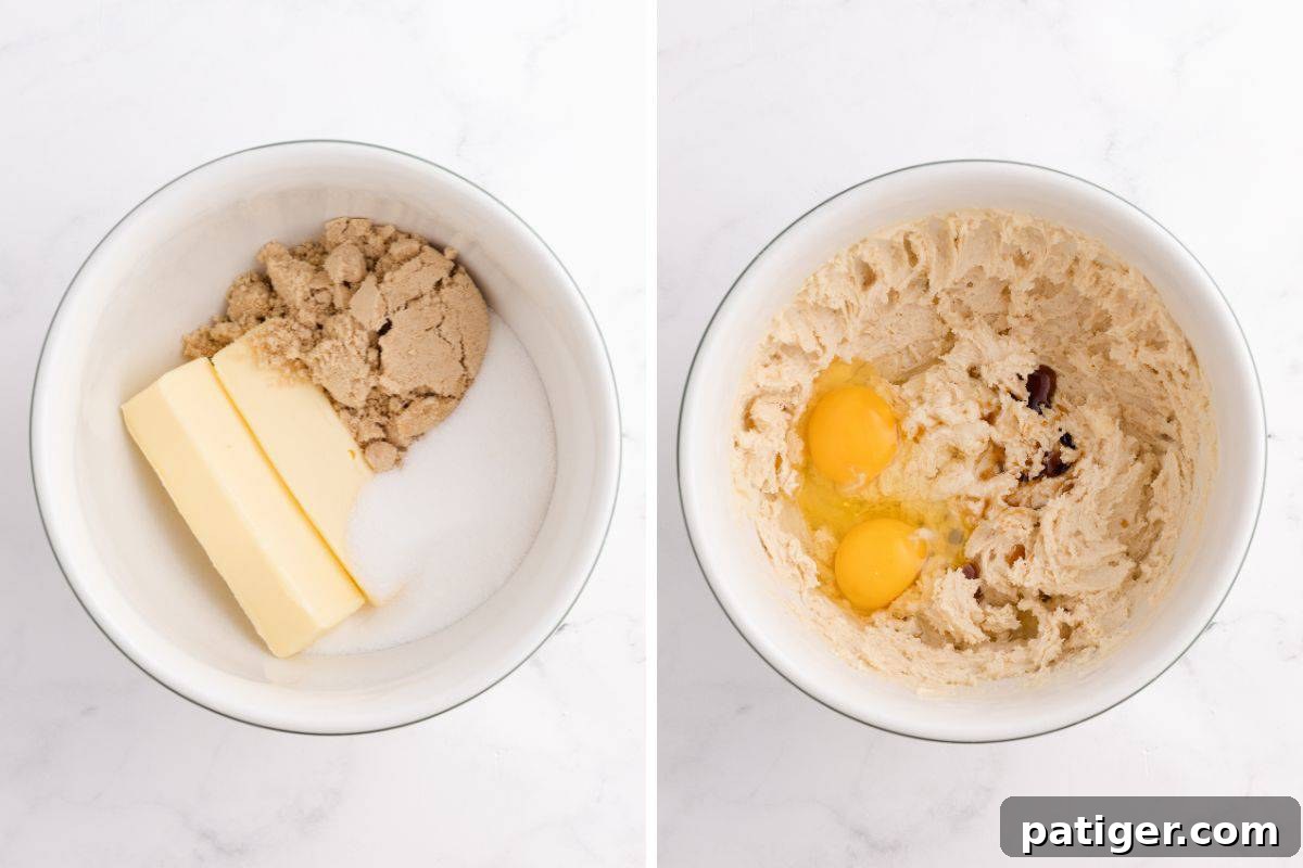 Two images depicting the initial steps of cookie dough preparation: on the left, butter, granulated sugar, and brown sugar are in a bowl; on the right, the creamed butter and sugar mixture has eggs and vanilla extract added, ready for mixing.